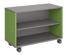 Load image into Gallery viewer, Mobile classroom storage featuring a one-column, all-shelf configuration with customizable laminate finishes, optional doors, and durable casters for flexible classroom storage.
