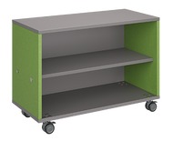 Mobile classroom storage featuring a one-column, all-shelf configuration with customizable laminate finishes, optional doors, and durable casters for flexible classroom storage.