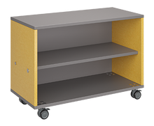 Load image into Gallery viewer, Mobile classroom storage featuring a one-column, all-shelf configuration with customizable laminate finishes, optional doors, and durable casters for flexible classroom storage.
