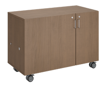 Load image into Gallery viewer, Mobile classroom storage featuring a one-column, all-shelf configuration with customizable laminate finishes, optional doors, and durable casters for flexible classroom storage.

