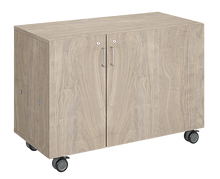 Load image into Gallery viewer, Mobile classroom storage featuring a one-column, all-shelf configuration with customizable laminate finishes, optional doors, and durable casters for flexible classroom storage.
