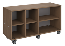 Load image into Gallery viewer, Mobile classroom storage with two columns of cubbies and one column of shelves, customizable laminate finishes, optional doors, and casters for flexible classroom organization.
