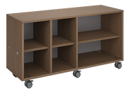 Mobile classroom storage with two columns of cubbies and one column of shelves, customizable laminate finishes, optional doors, and casters for flexible classroom organization.