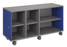Load image into Gallery viewer, Mobile classroom storage with two columns of cubbies and one column of shelves, customizable laminate finishes, optional doors, and casters for flexible classroom organization.
