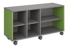 Load image into Gallery viewer, Mobile classroom storage with two columns of cubbies and one column of shelves, customizable laminate finishes, optional doors, and casters for flexible classroom organization.
