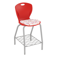 Load image into Gallery viewer, Discover four-leg stool with upholstered seat pad and bookrack for classrooms, cafeterias, and collaborative spaces.
