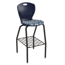 Load image into Gallery viewer, Discover four-leg stool with upholstered seat pad and bookrack for classrooms, cafeterias, and collaborative spaces.
