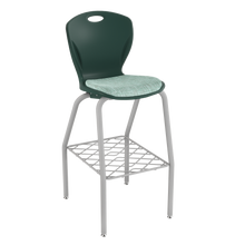 Load image into Gallery viewer, Discover four-leg stool with upholstered seat pad and bookrack for classrooms, cafeterias, and collaborative spaces.
