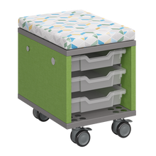 Load image into Gallery viewer, Mobile classroom storage unit with cubby and optional upholstered seat pad.
