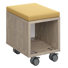 Load image into Gallery viewer, Mobile classroom storage unit with cubby and optional upholstered seat pad.

