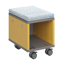 Load image into Gallery viewer, Mobile classroom storage unit with cubby and optional upholstered seat pad.
