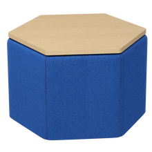 Load image into Gallery viewer, A hexagonal upholstered ottoman with a blue fabric body and a light natural wood top, shown on a plain white background.

