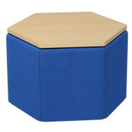 A hexagonal upholstered ottoman with a blue fabric body and a light natural wood top, shown on a plain white background.