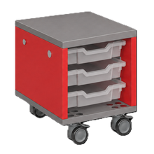 Load image into Gallery viewer, Mobile classroom storage unit with trays and optional upholstered seat pad.
