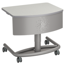 Load image into Gallery viewer, Modern mobile podium desk with a light-colored rectangular work surface, curved modesty panel, and sturdy metal base on four caster wheels.
