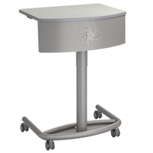 Load image into Gallery viewer, Modern mobile podium desk with a light-colored rectangular work surface, curved modesty panel, and sturdy metal base on four caster wheels.
