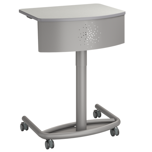 Modern mobile podium desk with a light-colored rectangular work surface, curved modesty panel, and sturdy metal base on four caster wheels.