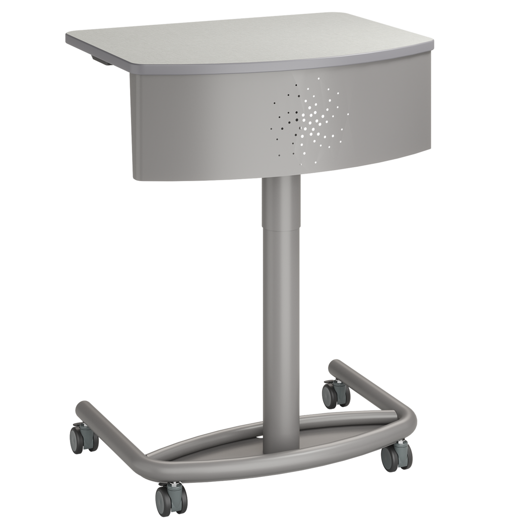 Modern mobile podium desk with a light-colored rectangular work surface, curved modesty panel, and sturdy metal base on four caster wheels.