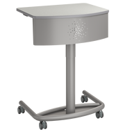 Modern mobile podium desk with a light-colored rectangular work surface, curved modesty panel, and sturdy metal base on four caster wheels.