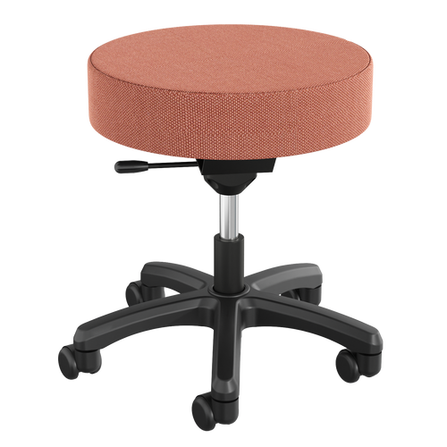 A rust cushioned stool with a black adjustable-height with black base and five caster wheels.