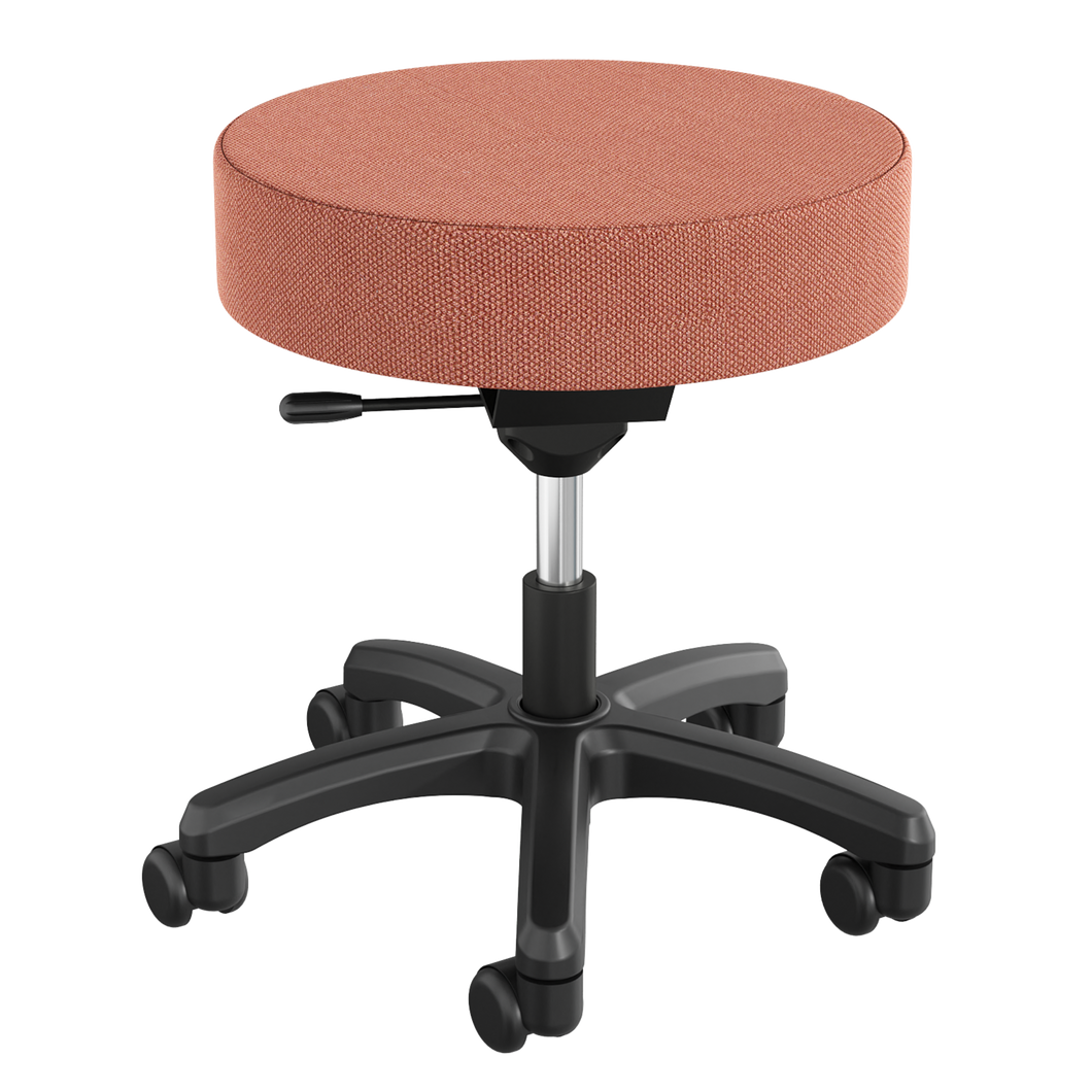 A rust cushioned stool with a black adjustable-height with black base and five caster wheels.