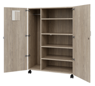 Lockable mobile storage cabinet with durable laminate construction and shelves