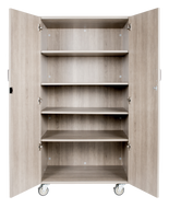 Tall laminate storage cabinet with shelves and heavy-duty casters