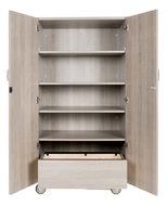 Tall laminate storage cabinet with locking doors and heavy-duty casters