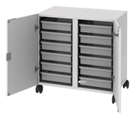 Mobile, maker space storage with tote trays in multiple sizes and optional locking doors
